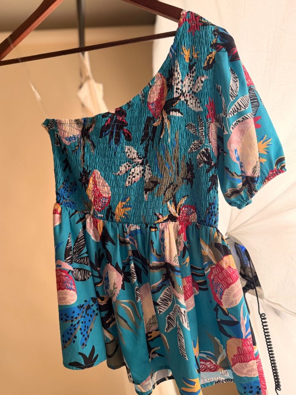 Tropical Floral One Shoulder Smocked Peplum Blouse Top Turquoise